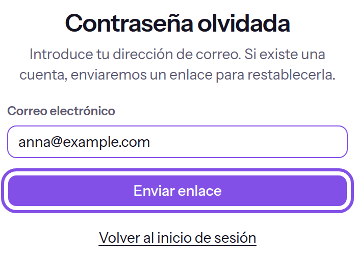 Página de contraseña olvidada con el campo de correo electrónico rellenado. El botón que solicita el enlace está marcado; debajo aparece el enlace para volver al inicio de sesión.