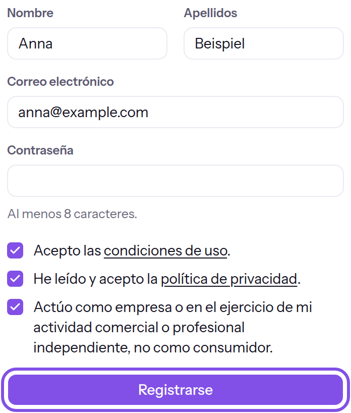 Formulario de registro con nombre, apellidos, dirección de correo electrónico, contraseña y tres casillas marcadas; el campo de contraseña está vacío. El botón para registrarse está marcado.