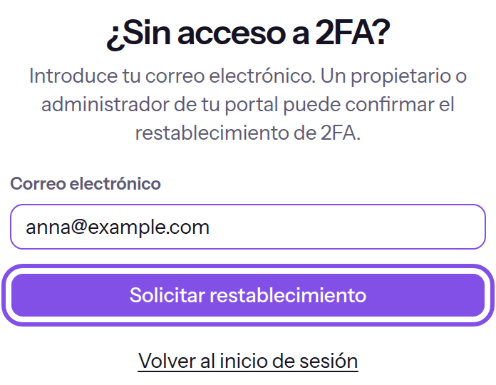 Página para solicitar el restablecimiento con el campo de correo electrónico rellenado. El botón que envía la solicitud está marcado; debajo aparece el enlace para volver al inicio de sesión.