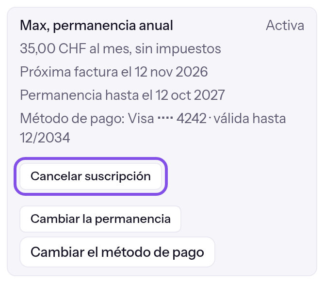 Resumen de la suscripción en la sección del plan. El botón para cancelar está marcado.