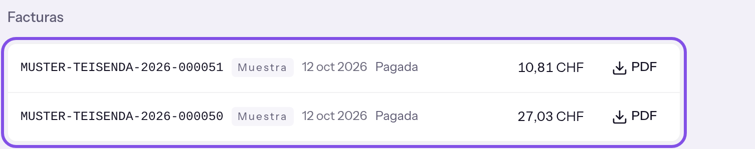 Sección de facturas de la página de facturación. La lista de documentos está marcada; cada fila indica número, fecha, estado de pago e importe.
