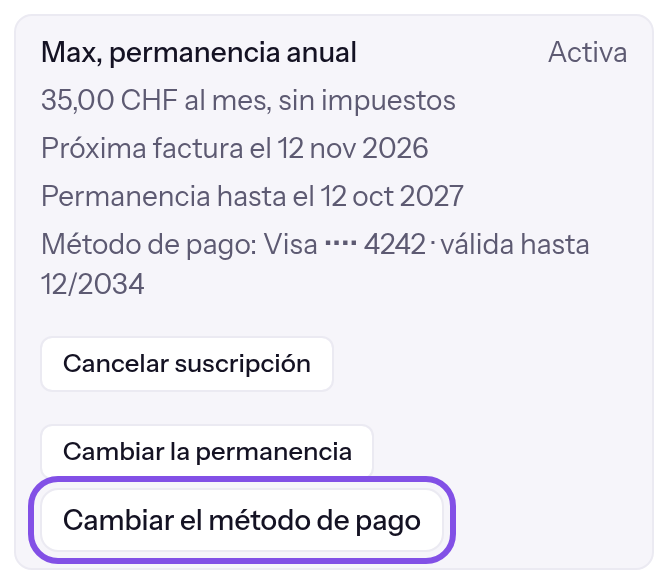 Resumen de la suscripción en la sección del plan. El botón para cambiar el método de pago está marcado.