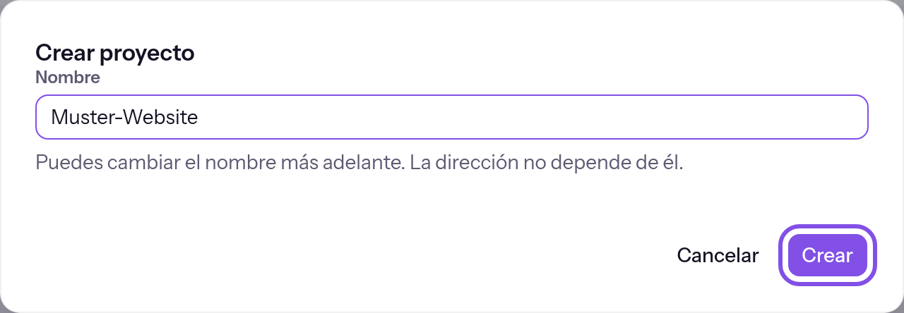 Diálogo para crear un proyecto con el campo del nombre rellenado. El botón para crear está marcado.