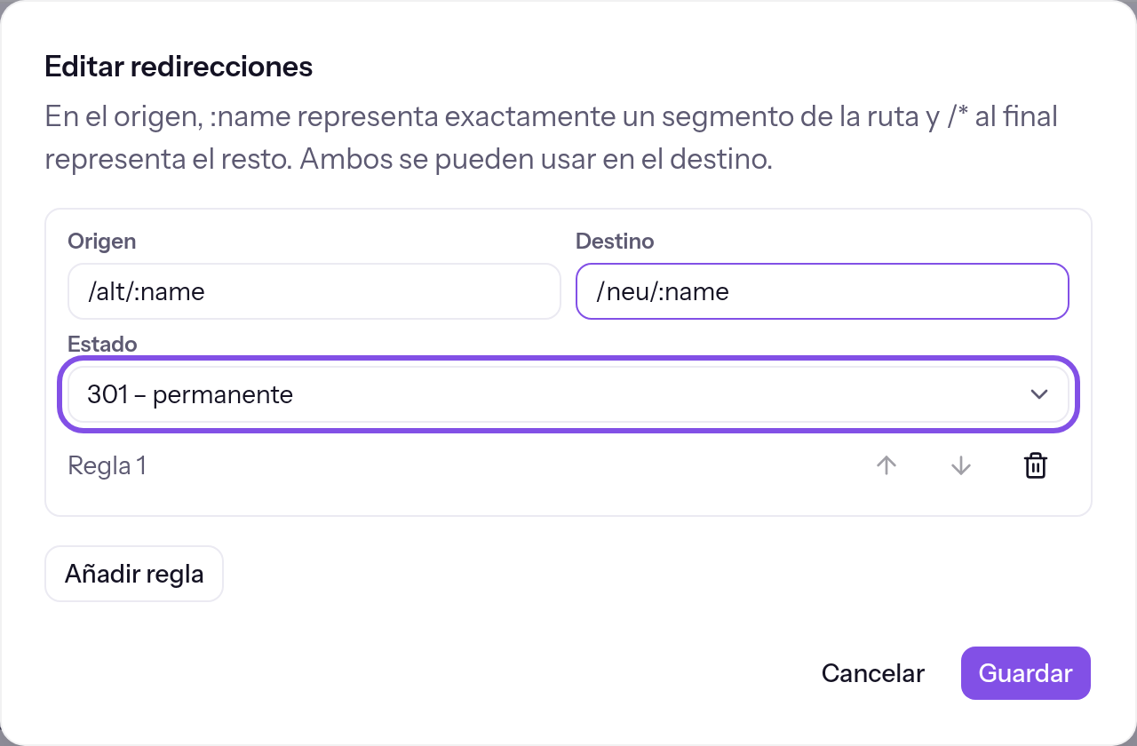 Diálogo con una regla: el origen es /alt/:name, el destino /neu/:name y el estado 301. El campo de estado está marcado.