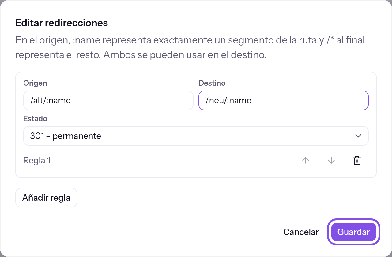Diálogo de edición de redirecciones con una regla rellenada. El botón para guardar está marcado.