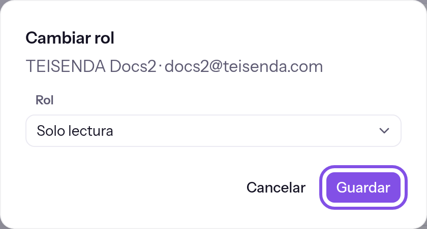Diálogo para cambiar el rol con el nuevo rol elegido en el campo. El botón para guardar está marcado.