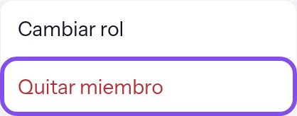 Menú abierto con dos opciones. La última, que elimina al miembro, está marcada.