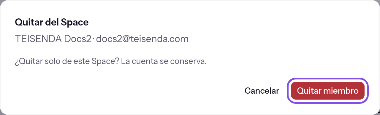 Diálogo para eliminar un miembro del Space. Indica el miembro y el botón para eliminarlo está marcado.