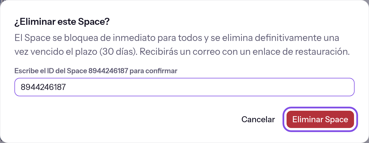 Diálogo para eliminar un Space. Debajo del título está la advertencia del plazo de 30 días. El campo contiene el ID del Space introducido. El botón para confirmar está activo y marcado; junto a él aparece el botón para cancelar.