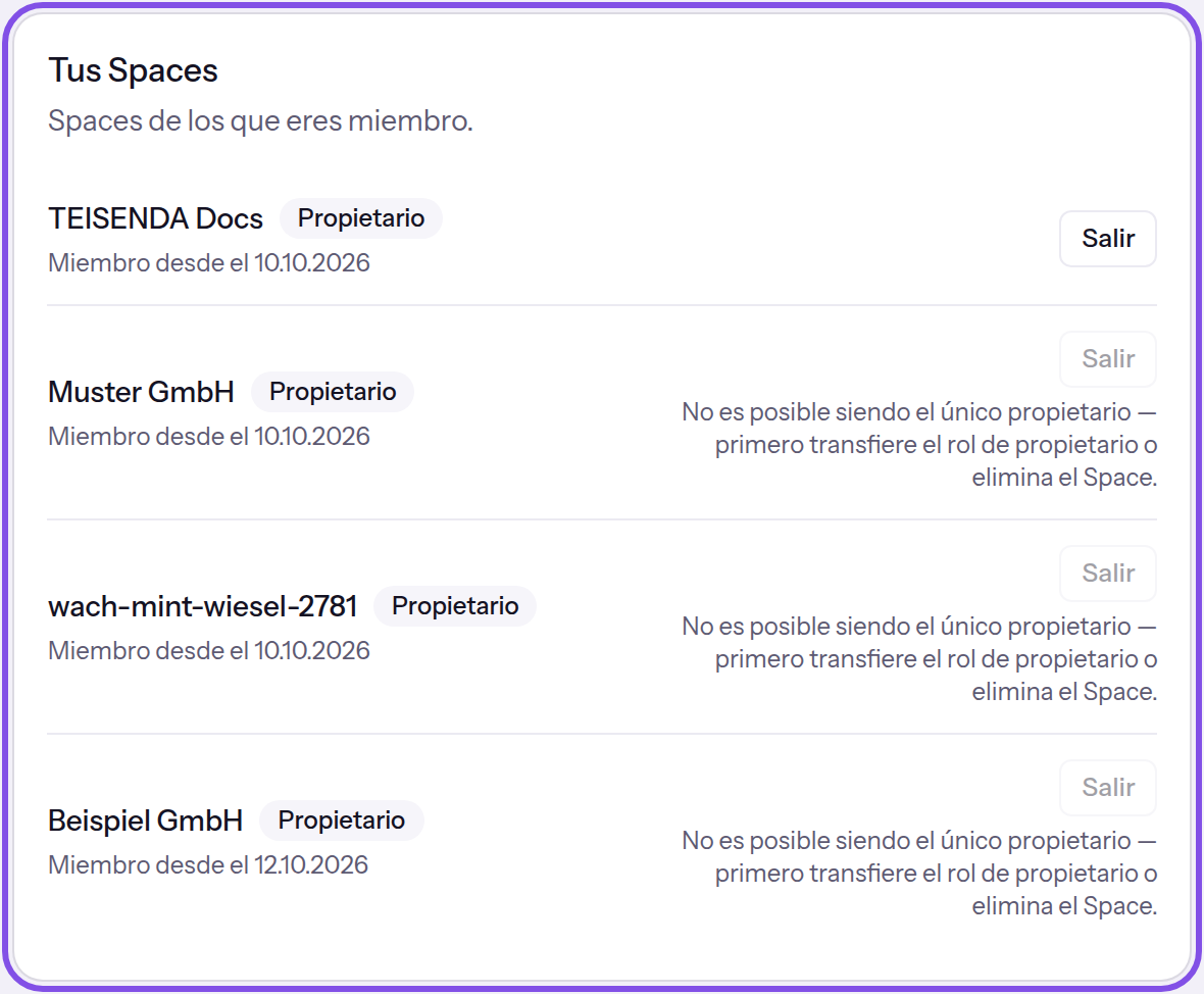 Tarjeta marcada con cuatro Spaces, cada uno con rol y fecha de incorporación. En el primero, el botón para salir está activo; en los otros tres está desactivado y tiene una indicación debajo.