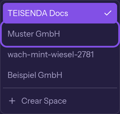 Lista abierta del selector de Spaces. El Space actual está resaltado y lleva una marca de verificación; debajo está marcada la opción de otro Space. Al final de la lista aparece la opción para crear un Space.