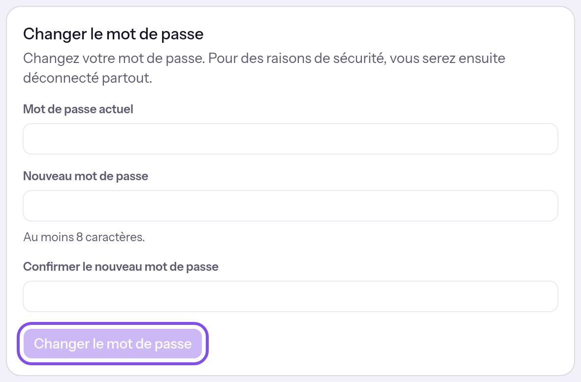 Carte de modification du mot de passe, avec trois champs vides pour le mot de passe actuel, le nouveau et sa répétition. Le bouton de modification désactivé est mis en évidence.