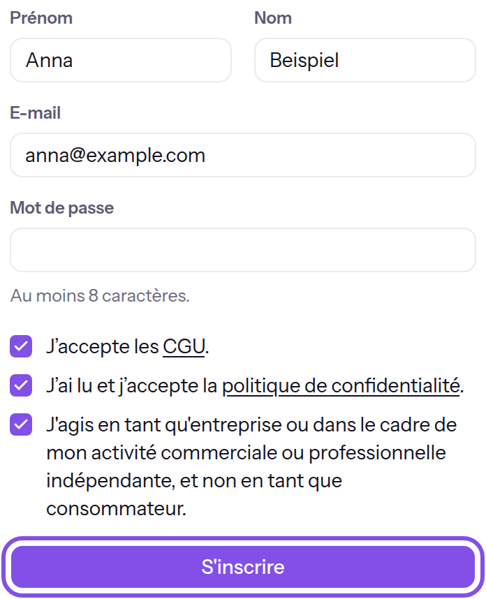 Formulaire d’inscription avec prénom, nom, adresse e-mail, mot de passe et trois cases cochées ; le champ du mot de passe est vide. Le bouton d’inscription est encadré.