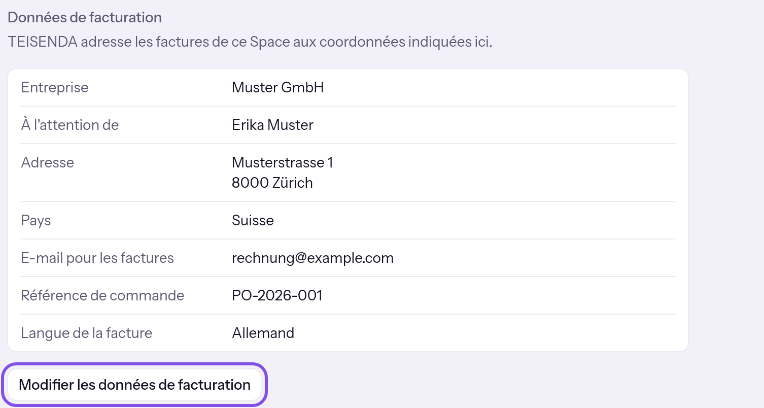 Section des coordonnées de facturation avec les données de démonstration enregistrées pour Muster GmbH. Le bouton de modification est encadré.