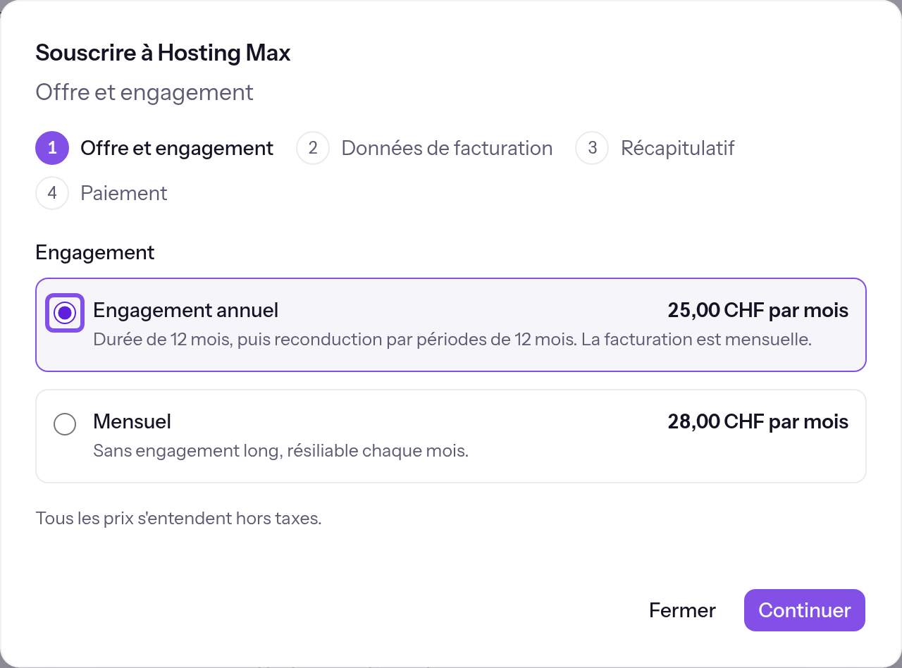 Première étape de l’assistant avec les deux engagements et leur prix mensuel. L’engagement annuel présélectionné est encadré.
