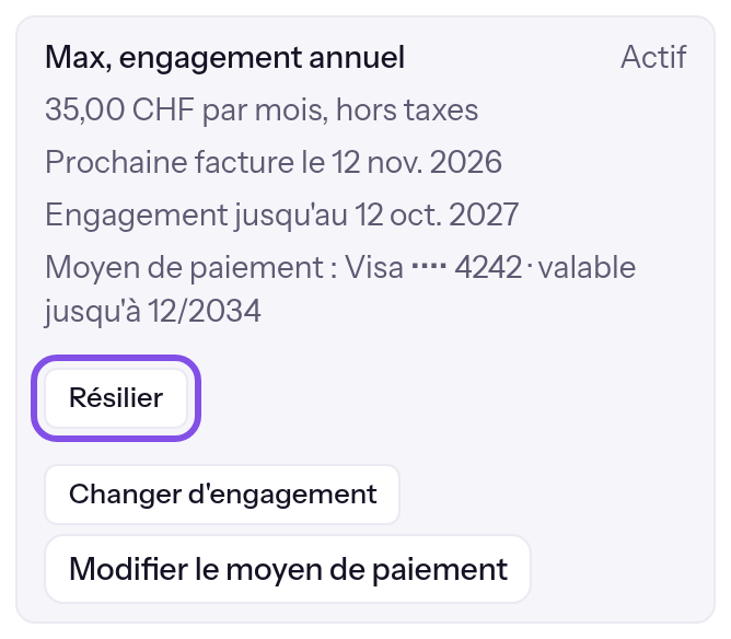 Résumé de l’abonnement dans la section de l’offre. Le bouton de résiliation est encadré.