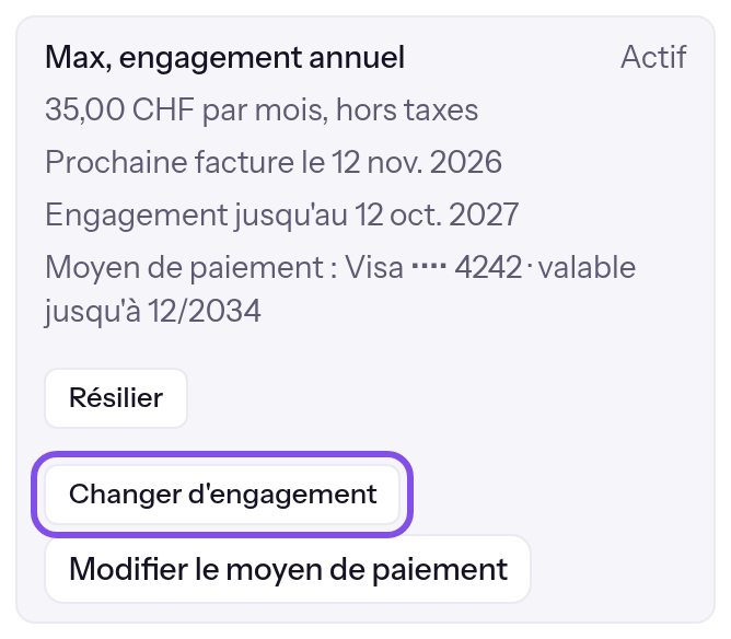 Résumé de l’abonnement dans la section de l’offre. Le bouton de changement d’engagement est encadré.
