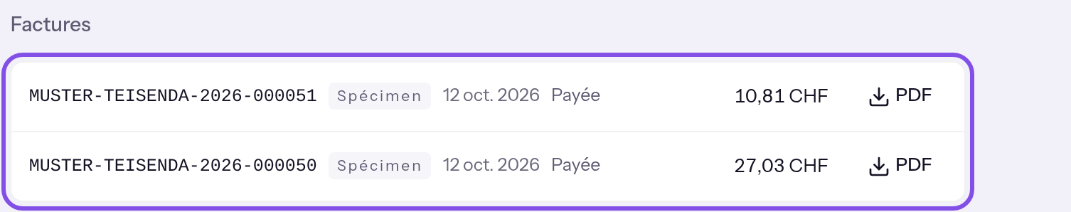 Section des factures sur la page de facturation. La liste des justificatifs est encadrée ; chaque ligne indique le numéro, la date, l’état de paiement et le montant.