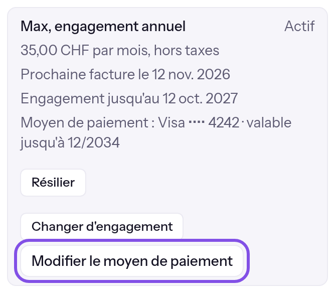 Résumé de l’abonnement dans la section de l’offre. Le bouton de modification du moyen de paiement est encadré.