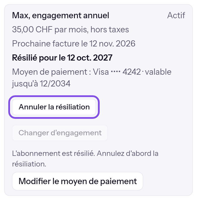 Résumé d’un abonnement résilié dans la section de l’offre. Le bouton d’annulation de la résiliation est encadré.
