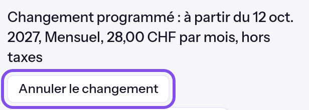 Ligne du changement d’engagement programmé sous le résumé de l’abonnement. Le bouton d’annulation est encadré.