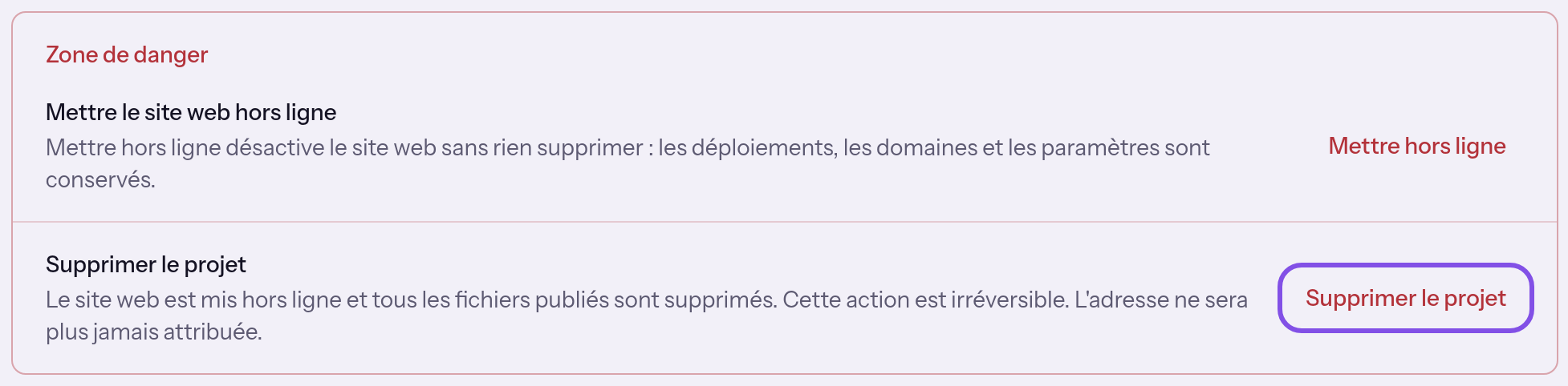 Section à la fin de la page du projet avec deux lignes. Le bouton de suppression du projet dans la deuxième ligne est encadré.