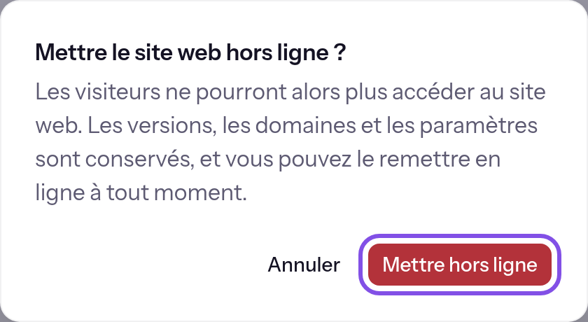 Confirmation avant la mise hors ligne d’un site. Le bouton de confirmation est encadré.