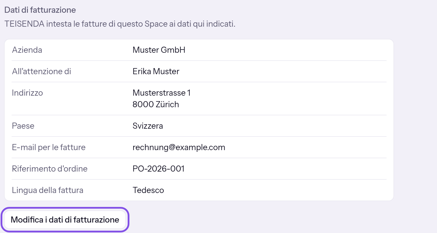 Sezione dei dati di fatturazione con dati demo salvati per Muster GmbH. Il pulsante per modificare i dati è evidenziato.