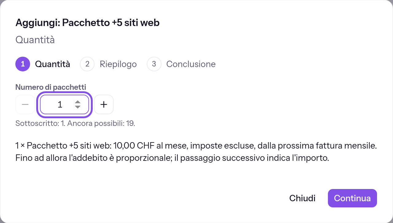 Primo passaggio della finestra di acquisto di un pacchetto. Il campo numerico della quantità di pacchetti è evidenziato e mostra 1.