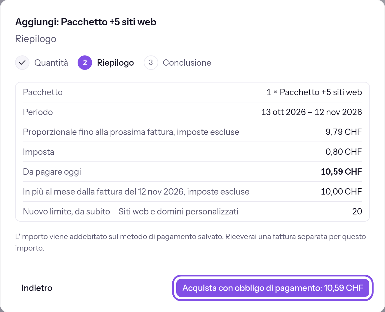 Secondo passaggio della finestra con il riepilogo dell’acquisto. Il pulsante per acquistare con obbligo di pagamento è evidenziato.