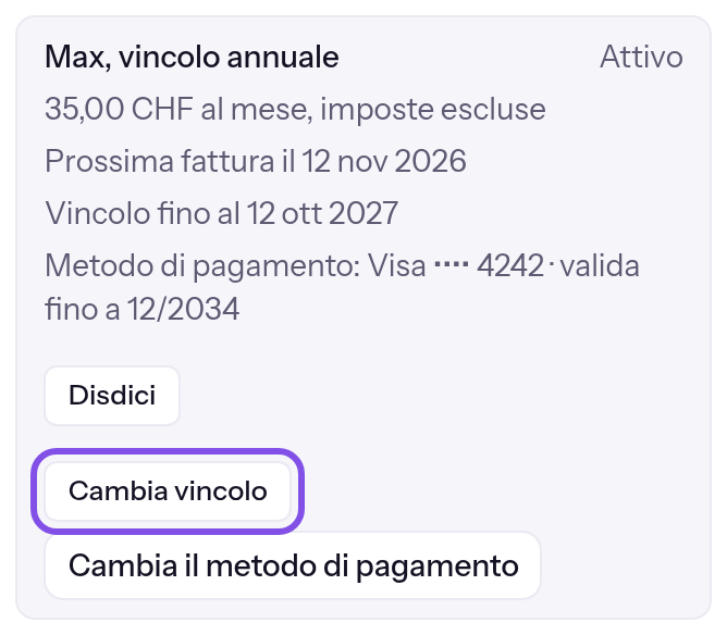 Riepilogo dell’abbonamento nella sezione del piano. Il pulsante per cambiare il vincolo è evidenziato.