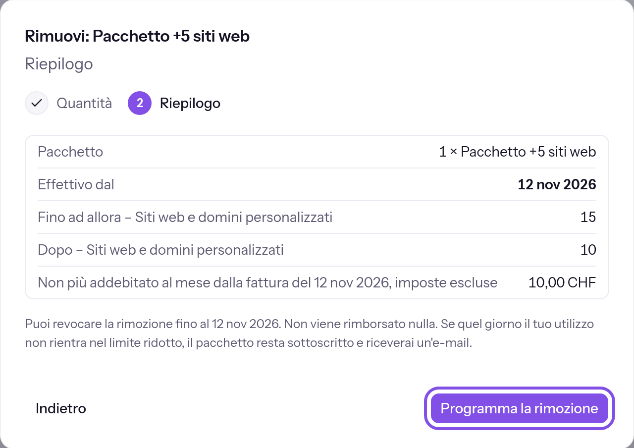 Secondo passaggio della finestra per disdire con la data di effetto e i limiti prima e dopo. Il pulsante che programma la disdetta è evidenziato.