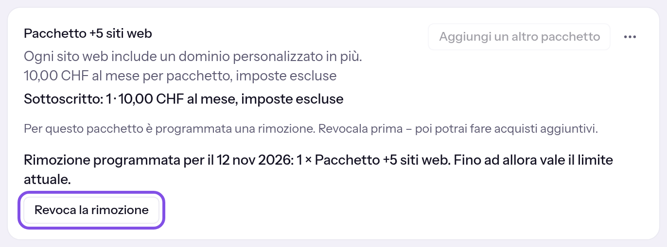 Riga della disdetta programmata di un pacchetto. Il pulsante per revocarla è evidenziato.