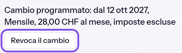 Riga del cambio del vincolo programmato sotto il riepilogo dell’abbonamento. Il pulsante per revocarlo è evidenziato.