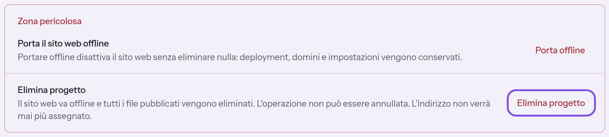 Sezione alla fine della pagina del progetto con due righe. Nella seconda riga è evidenziato il pulsante per eliminare il progetto.