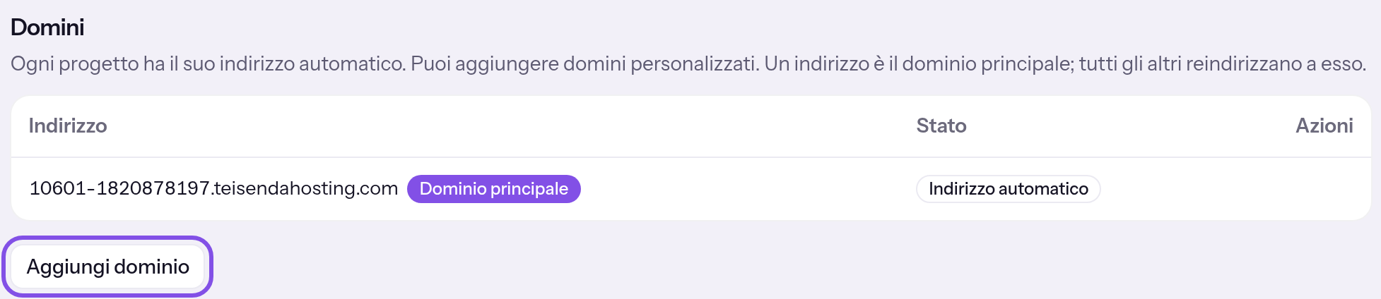 Sezione degli indirizzi nella pagina del progetto. La tabella mostra l’indirizzo automatico come dominio principale; il pulsante per aggiungere un dominio sotto è evidenziato.