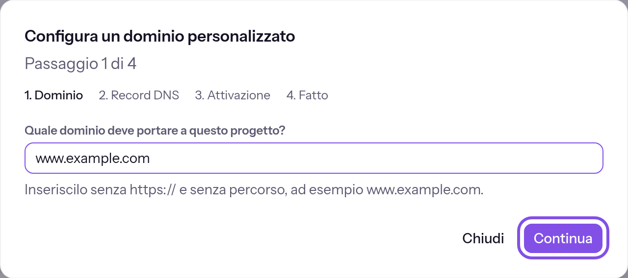 Primo passaggio della procedura guidata con il campo del dominio compilato. Il pulsante che porta al passaggio successivo è evidenziato.