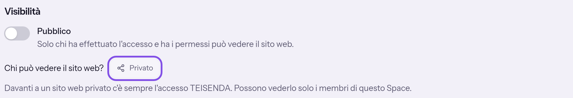 Sezione della visibilità di un progetto privato. Il pulsante a forma di pillola dopo la domanda su chi può vedere il sito web è evidenziato.