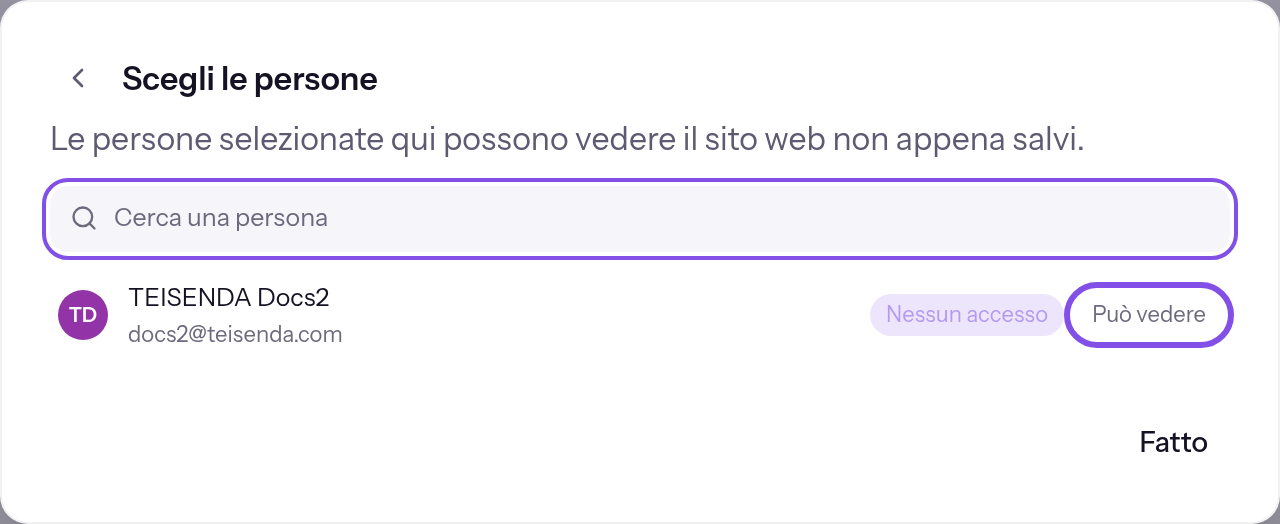 Passaggio per scegliere persone nella finestra. Il campo di ricerca ha il focus; l’opzione che permette a una persona di vedere è evidenziata.