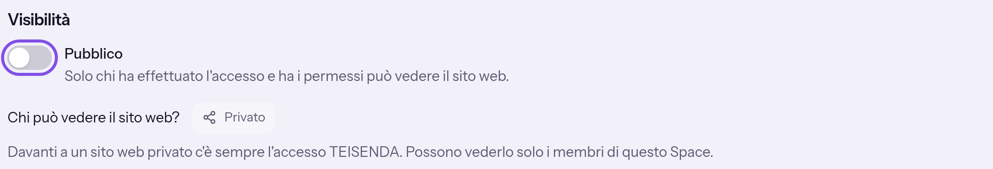 Sezione della visibilità nella pagina di un progetto privato. L’interruttore disattivato per rendere pubblico è evidenziato; sotto appare chi può vedere il sito web.