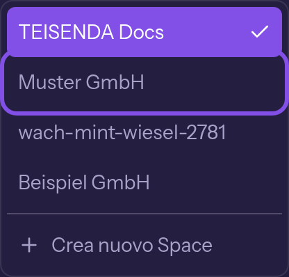 Elenco aperto del selettore degli Spaces. Quello attuale è evidenziato e ha un segno di spunta; la voce di un altro Space sotto è contrassegnata. In fondo compare la voce per creare uno Space.