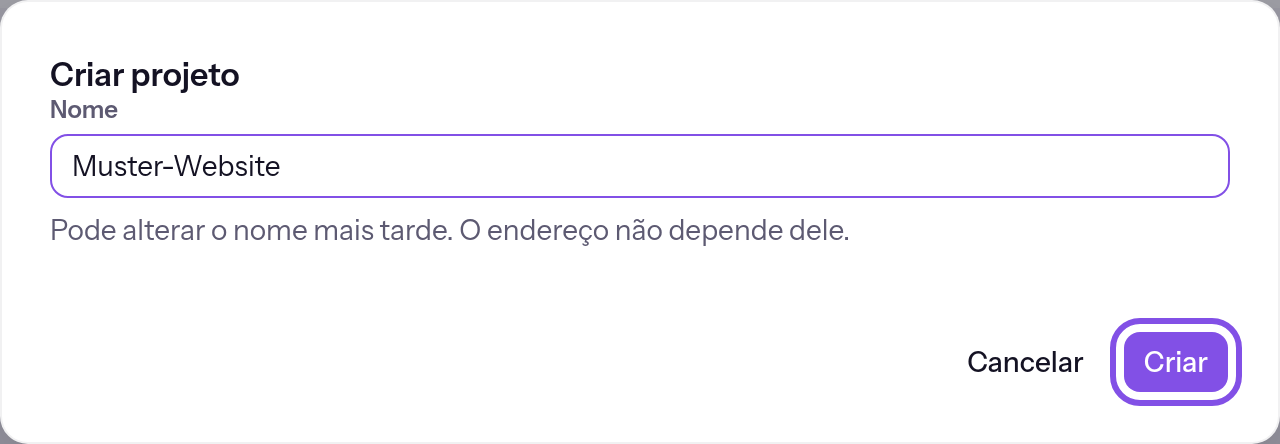 Janela para criar um projeto com o nome de exemplo Muster-Website e o botão de criação assinalado.